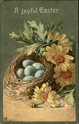 Easter Nest of Blue Eggs Flowers Embossed Tuck c1900s-10s Vintage Postcard