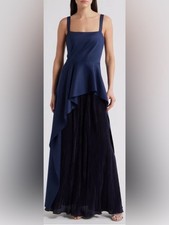 NEW Black Halo Dorothea Plissé Sleeveless Satin Pacific Blue Gown Sz 6