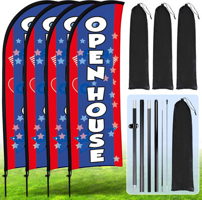 4 Pack Real Estate Open House Feather Flags with Poles & Stakes - Blue/Red