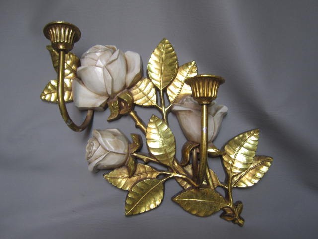 Vintage MCM Syroco Flower Wall Hanging Decor Roses Candle Holder 15" Gold White