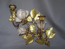 Vintage MCM Syroco Flower Wall Hanging Decor Roses Candle Holder 15" Gold White