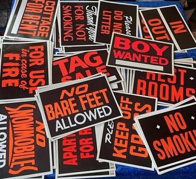 Vintage Store Signs Bare Feet, Smoking, Snowmobiling, Fire, Rent Etc Lot 50+