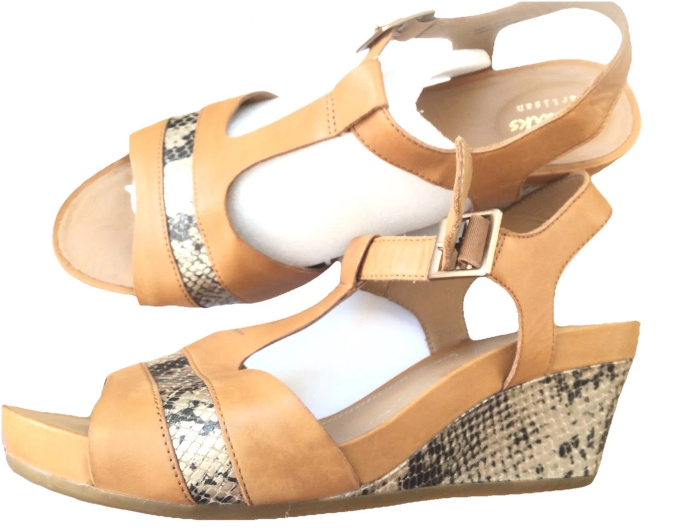 CLARKS SANDALI ARTIGIANALI DONNA TACCO BASSO ZEPPA PELLE MARRONE CHIARO PELLE DI SERPENTE UK 7D