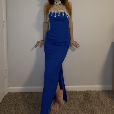 Vintage Loralie Original 80s Royal Blue Pearl Choker Beaded Evening Gown Size 8