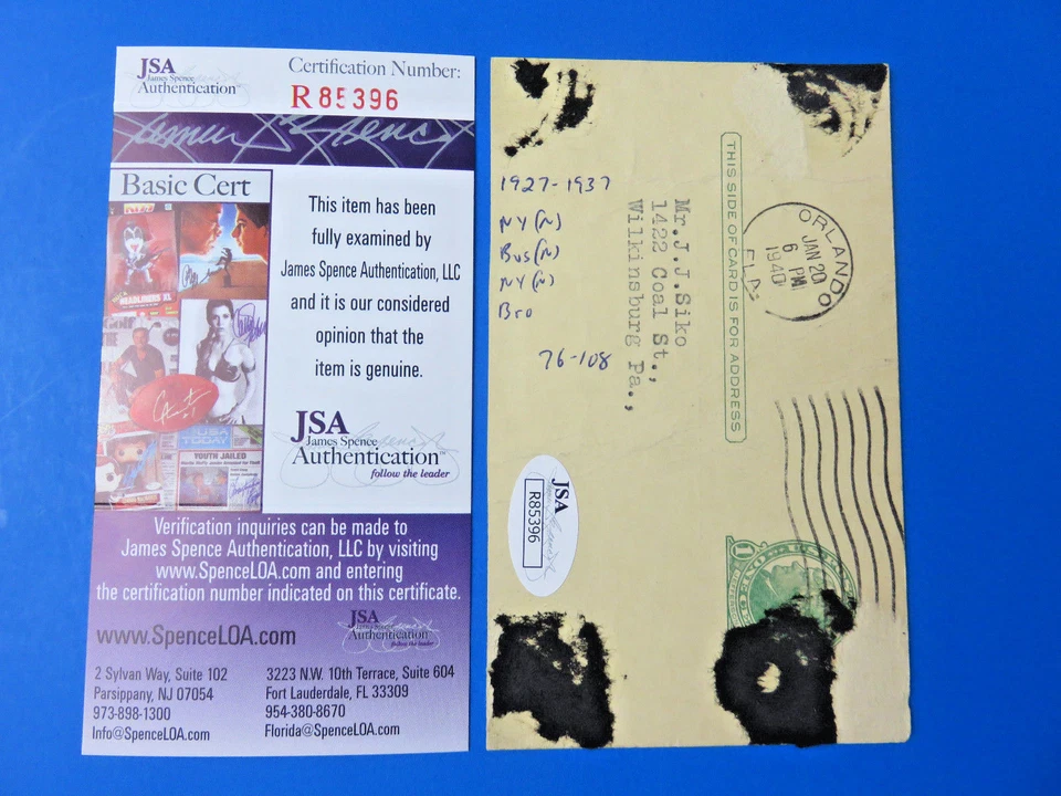 BEN CANTWELL SIGNED 3x5 GPC GOV'T POSTCARD ~ GIANTS DODGERS d.1962 ~ JSA R85396 - Image 2 of 2