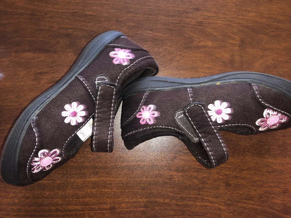 Girls Smart Fit Toddler Sz 6 1/2 Brown Suede Pink Flowers Maryjanes Dress Shoes - Image 3 of 4
