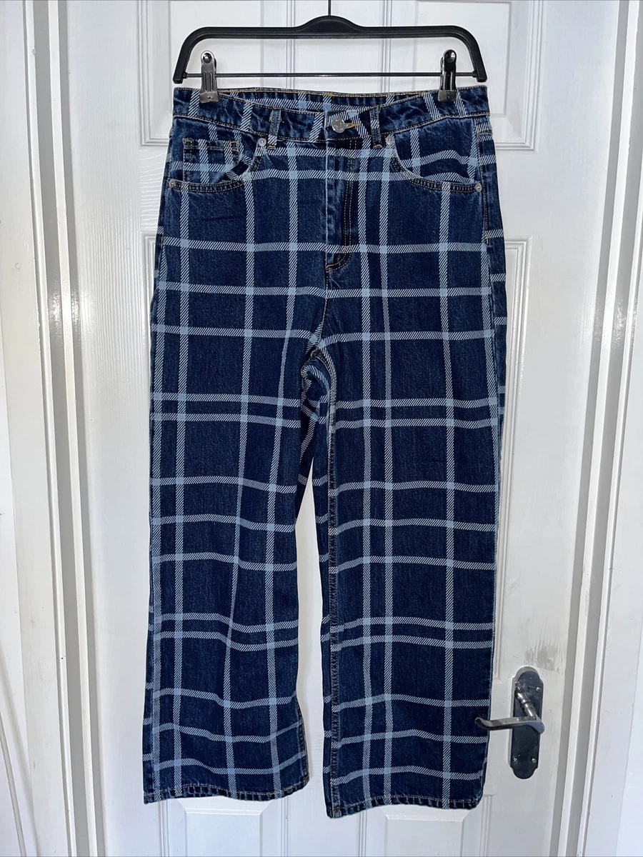 MONKI Size 10 Wide leg Jeans checked Denim W28 high waist Cropped