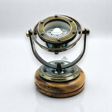 Brass Gimbal Compass in Binnacle Antique Nautical Ship Decor Collectible