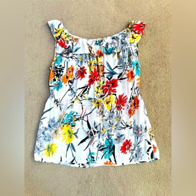 Emmelee Women s Large Linen Floral Scoop Neck Cinched Waist Sleeveless Top