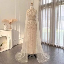 Shiny Beaded Backless Prom Dresses Cape Sleeve Evening Gown Halter Neck