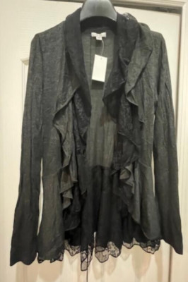 NWT Cache Black  Ruffled Open Front Cardigan Sweater -Size S-Fast