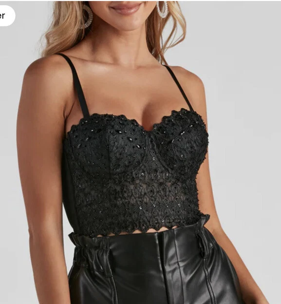 Windsor Sparkle Black Reigning Lace Corset Bustier Lace Crop Top