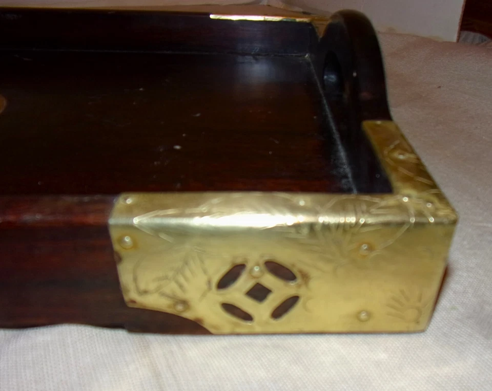 Solid Cherry Wood Serving Tray/Solid Brass Engraved Medallion & Cornices: Japan - Image 4 of 4