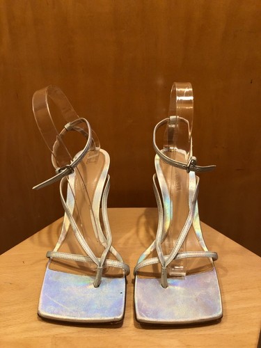 BOTTEGA VENETA Laser Moon Drop Iridescent Silver Square Toe Sandal Heel 38/8/7.5 - Picture 2 of 10