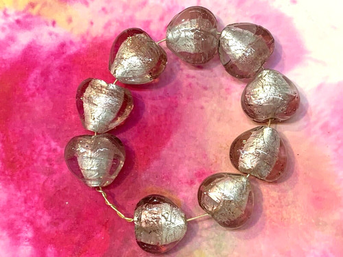Vintage glass lavender foil heart puffer beads Czech made loose