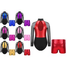 Kids Girls Leotard Long Sleeve Shorts Mesh Dancewear Skating Outfit V-front Set