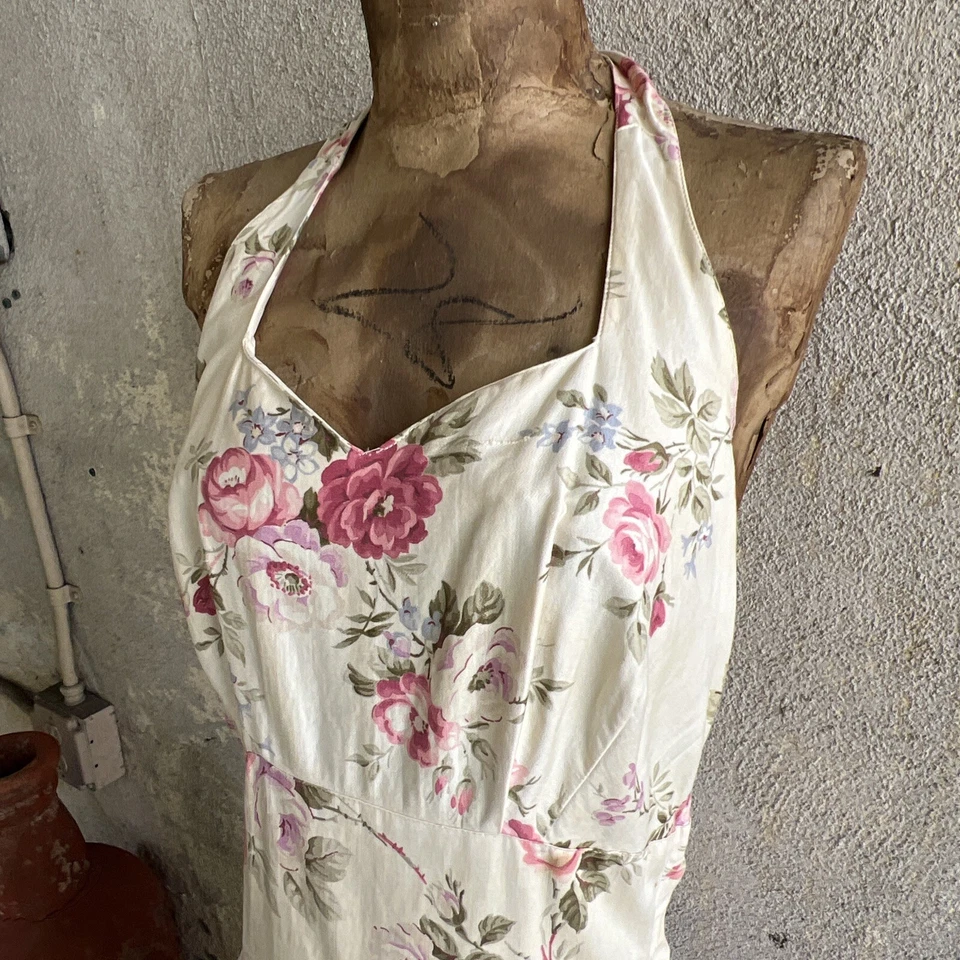 Vintage 1930s Chintz Pink Rose Floral Print Cotton Halter Dress Midi Low Back - Image 3 of 4