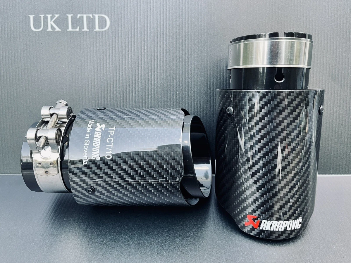 2 GLOSS BLACK CARBON FIBRE AKRAPOVIC EXHAUST TIPS 3.5 UNIVERSAL