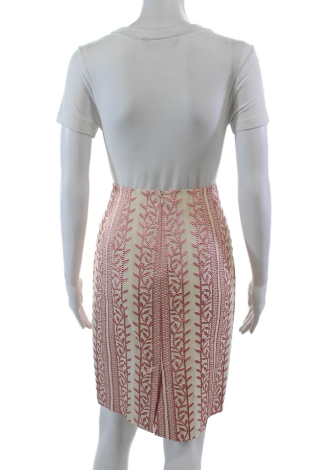 Falda lápiz bordada blanca rosa talla 2 Nicole Miller Collection para mujer Foto 3 de 4
