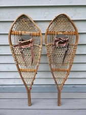Very Nice VINATGE Old Wooden Frame Snowshoes with Leather Bindings  42" x 13"
