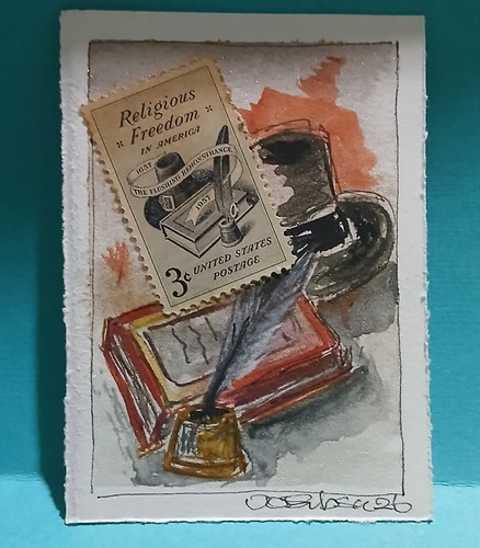 Postal Whimsy OOAK Flushing Remonstrance 3¢ Stamp ACEO – Religious Freedom Theme