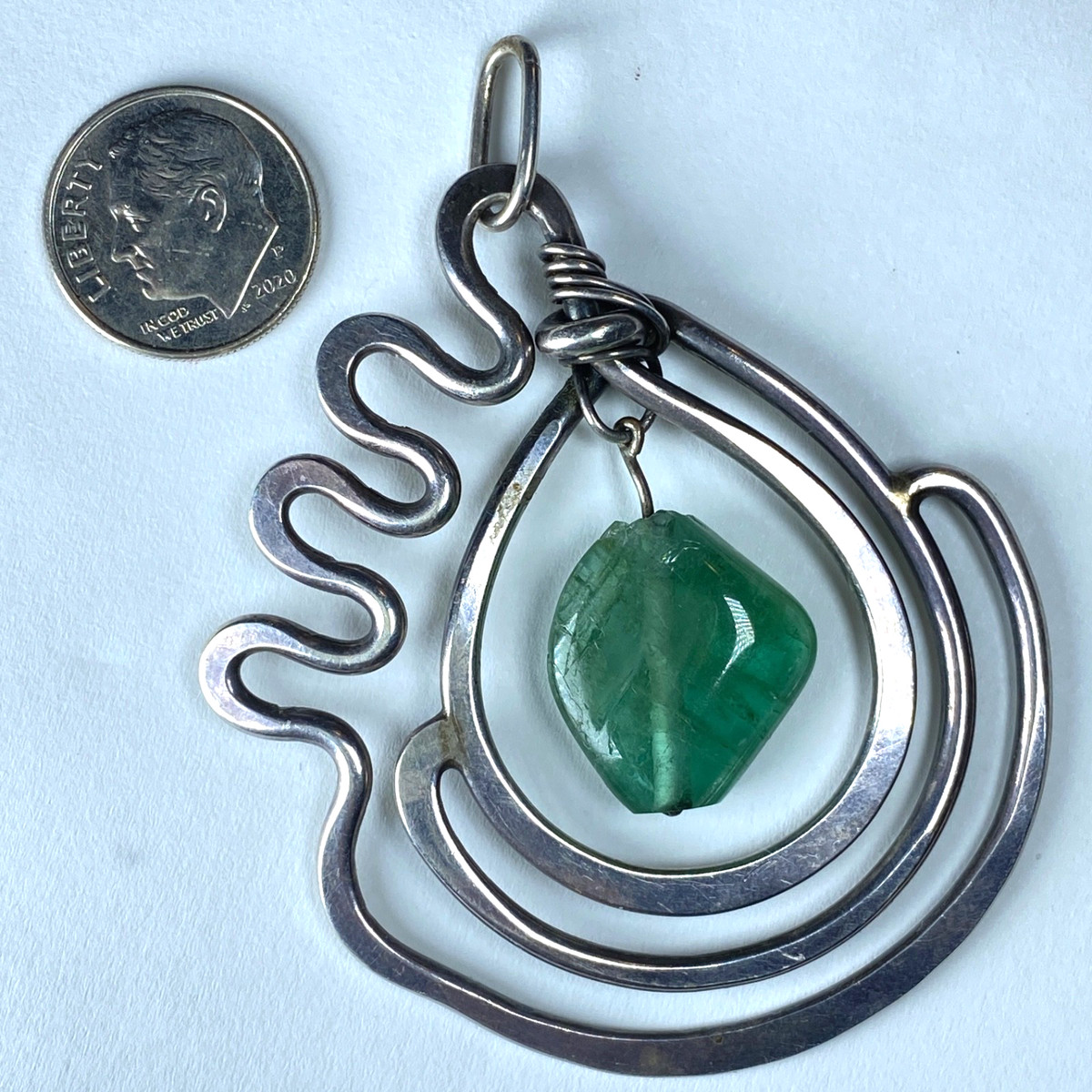 HENRY STEIG STERLING SILVER Designer Pendant Modernist Abstract Green Stone 21g View 2