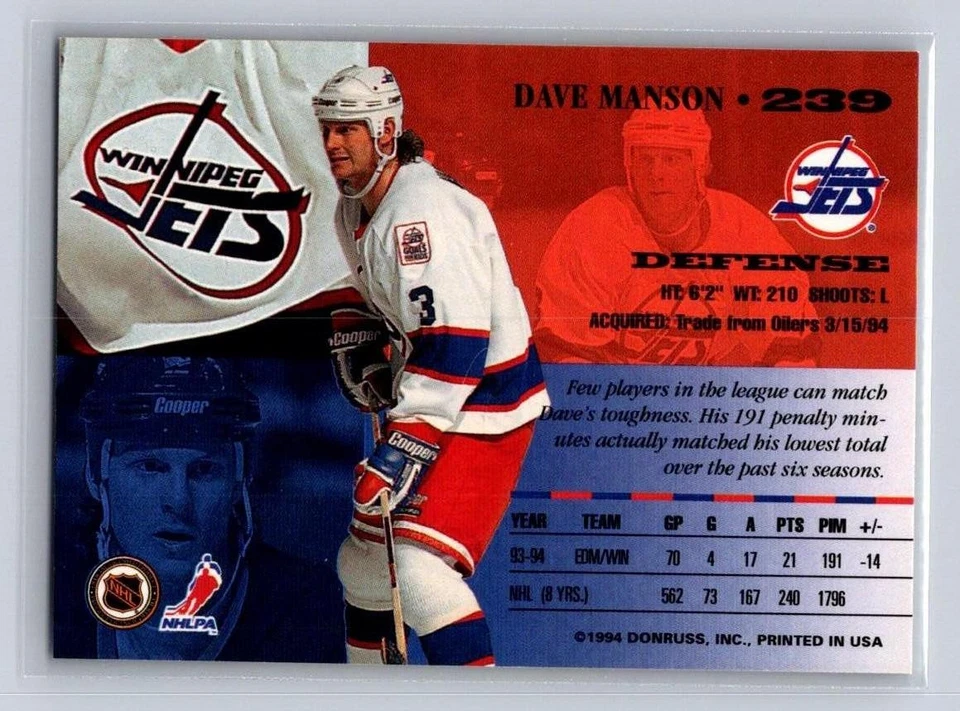 1994-95 Leaf #239 Dave Manson Winnipeg Jets - Image 2 of 2