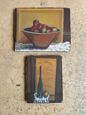 2 Original Matching Vtg Signed Oil Paintings Apples Wine American Jack Darro