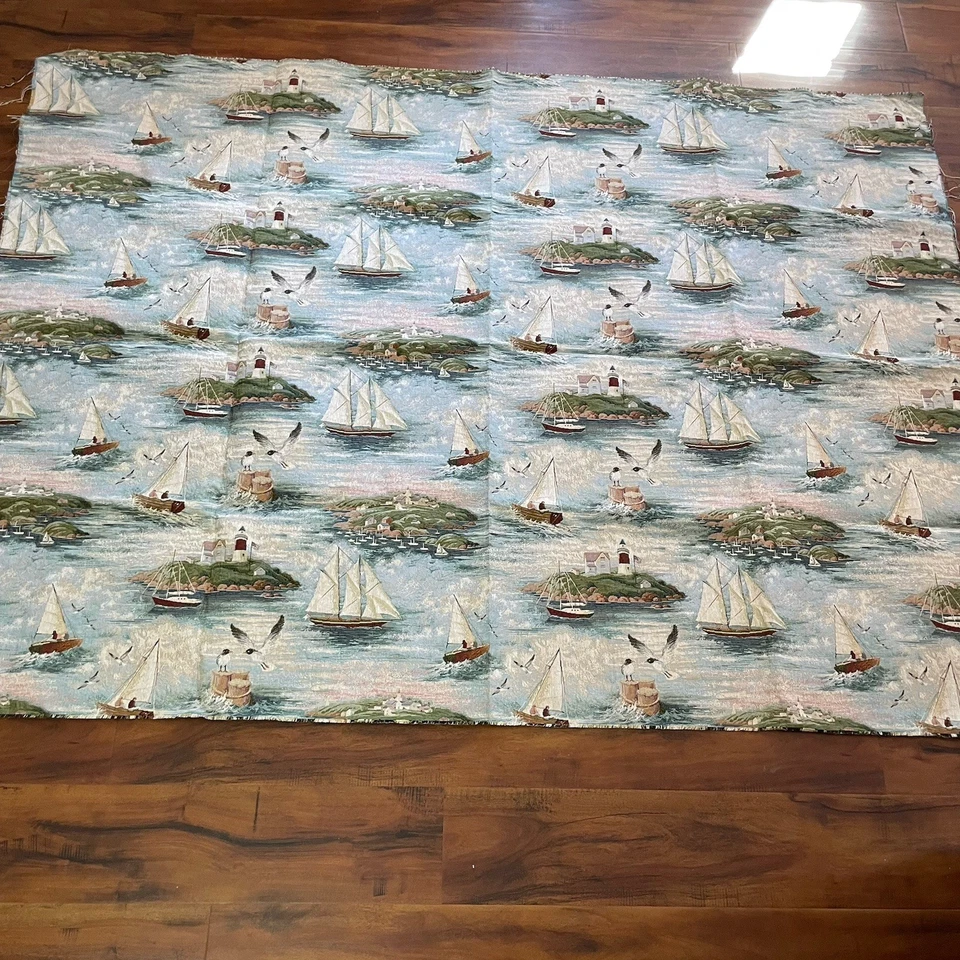 Vtg Nautical Heavy Tapestry Fabric 76Wx57H (1.5yd) Sailboat Seagulls Beach House - Image 2 of 3
