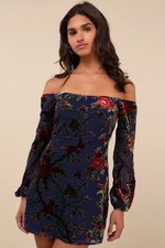 Lulus Magnificent Charm Navy Velvet Off-the-Shoulder Mini Dress - Size XL