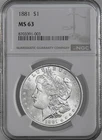1881-P  $1  MORGAN SILVER DOLLAR  "PHILADELPHIA"  NGC MS63  #8703391-003