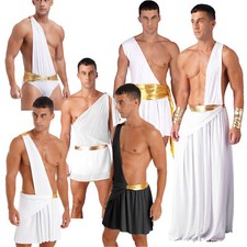 US Mens Ancient Greek Roman Toga Costume One Shoulder Ruffle Dress Cosplay Gown