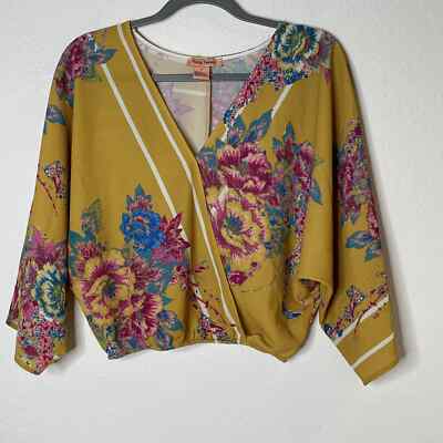 Flying Tomato Floral Kimono Sleeve Crop Top Size Small V Neckline Mustard Yellow