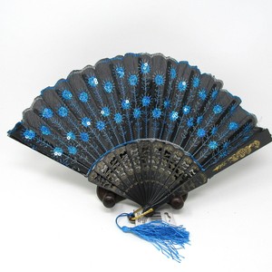 Black-Aqua-Folding-Hand-Held-Fan-New-Sequins-Turquoise-Tassel-Tag-Stay-Cool