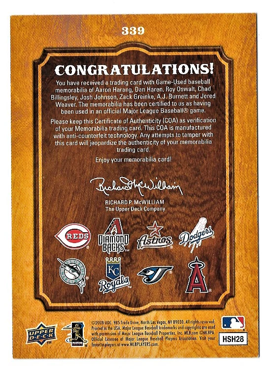 Greinke Johnson Burnett Weaver Etc Swatch Authentic Game Used Memorabilia Card - Image 4 of 4