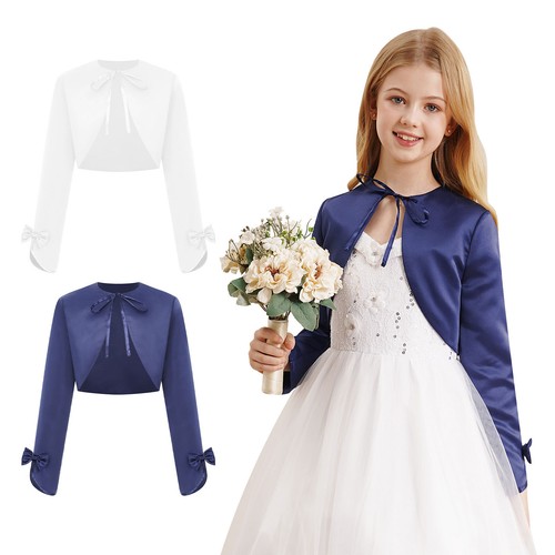 Girls Bolero Shrug Prom Top Long Sleeve Cardigan Cute Bowknots Coat Cropped - Picture 4 of 29