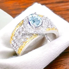 Aquamarine Oval Cut Gemstone With 925 Sterling Silver Ring For Men's #A164