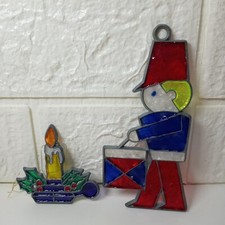 2 VTG Stained Glass Style Christmas Tree Ornaments Candle  Soldier Sun Catcher