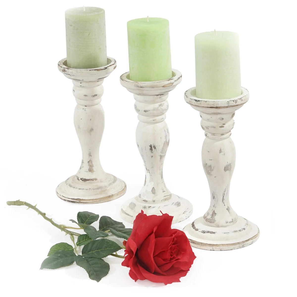 Set 3 Portacandele Per Candele A Colonna In Legno Di Pino Bianco Antico | Altezze 30.5, 22.9, 15.2 Cm | Rustico Con Tazza In Ferro E Base In Feltro
