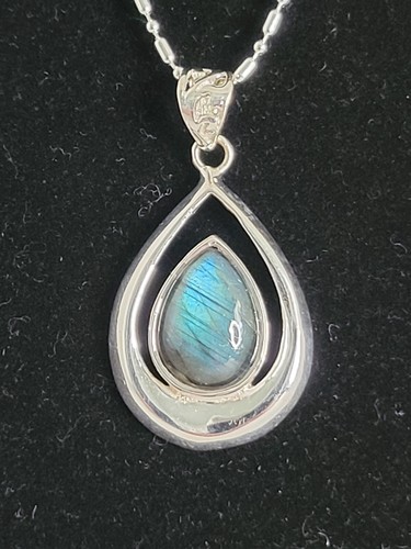 Natural Labradorite Pendant 925 Sterling Silver Signed YT 20" Bead Bar Chain SLP - Picture 2 of 9