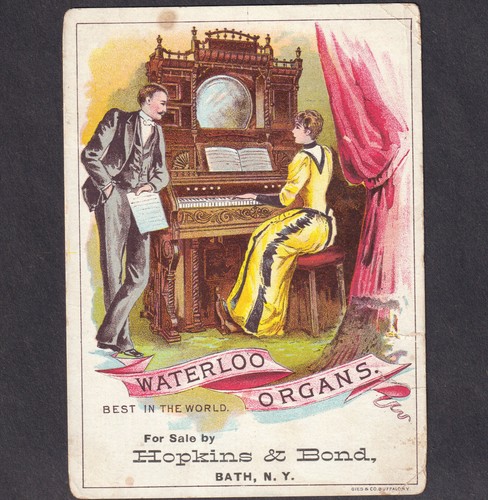 Bath NY 1800's Waterloo Organ Hopkins & Bond Music Store Victorian Trade Card