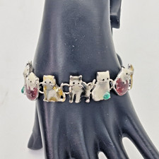 Cat Bracelet Enamel Multi Kitten Kitty Cat Theme Silver Tone Colorful 6.8"