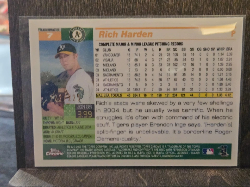 Topps 2005 cromo negro refractores #7 Rich Harden #D/225 atletismo Foto 2 de 3