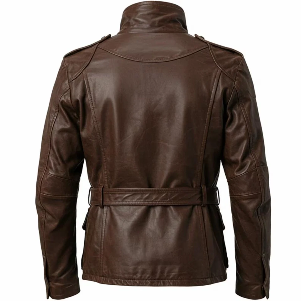 Jaqueta de Campo Masculina de Couro Real Marrom Estilo Motociclista Casaco de Inspiração Militar - Imagem 2 de 4