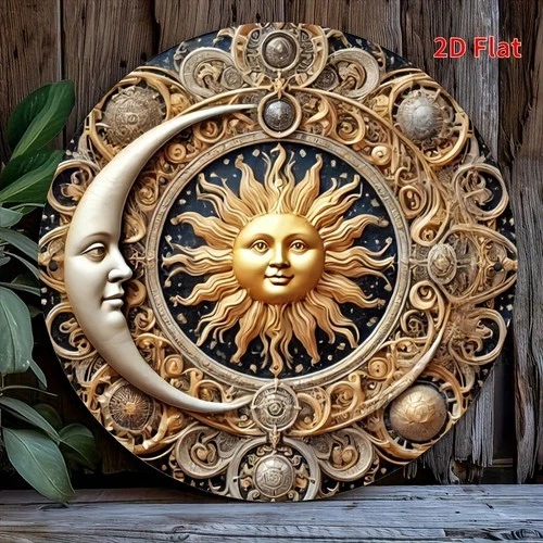2D Flat Vintage Sun and Moon Wall Art - Tin Metal Signs 8x8 Inch Round Aluminum