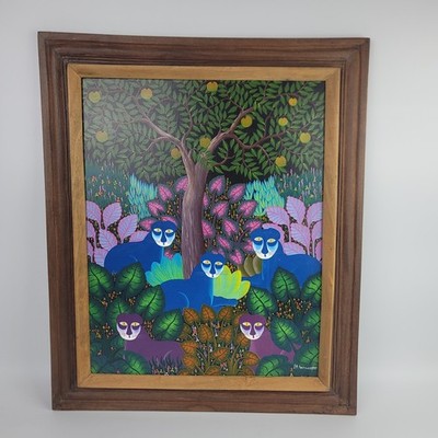 Orig Painting Signed by Haitian Master Jean Albert Bernard Panthers Oil on Board