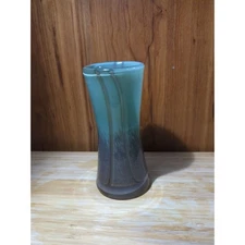 Hand Blown Seafoam Green And Brown Art Glass Vase.