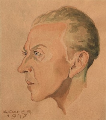 Unbekannt signiert ''E. Oehler'' / Aquarell 1947 Portrait Mann Nachkriegszeit