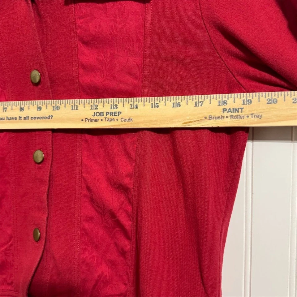 Coldwater Creek Red Knit Jean Trucker Jacket L Cotton Spandex Embroidered Panel - Image 3 of 4