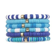 6PCS Polymer Clay Heishi Beads Bracelets, Blue Surfer Bracelets Set, Bohemia Str